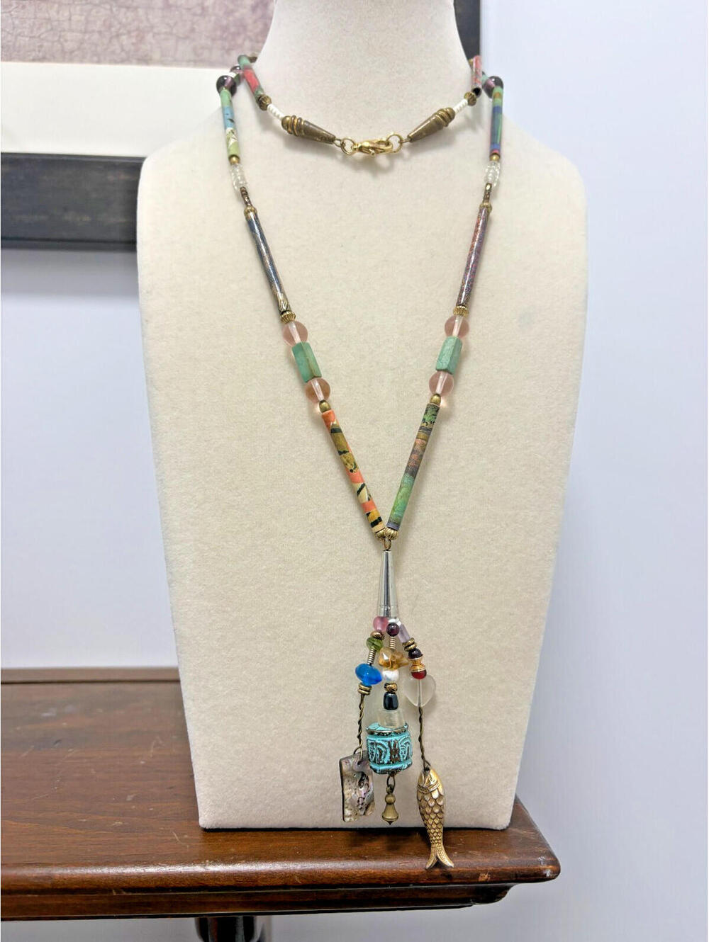 Boho Paper Bead Multicolor Necklace w/ Brass & Abalone Charms 32"